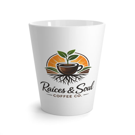 Raices & Soul Coffee Co. Latte Mug — Ceramic Coffee Cup with Plant & Roots Logo